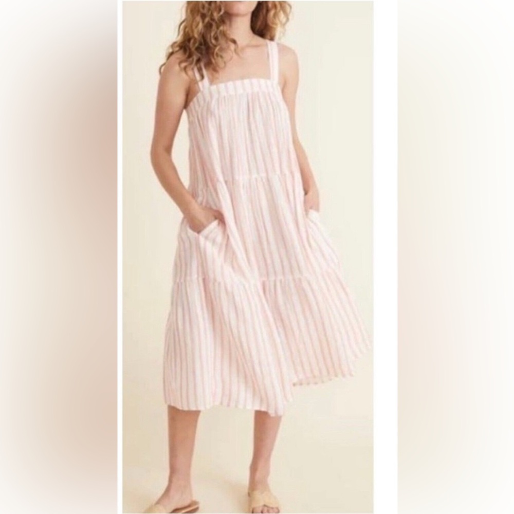 Marine Layer Dress Corrine Square Neck Pink/Orange/White Stripe Size M  Pockets